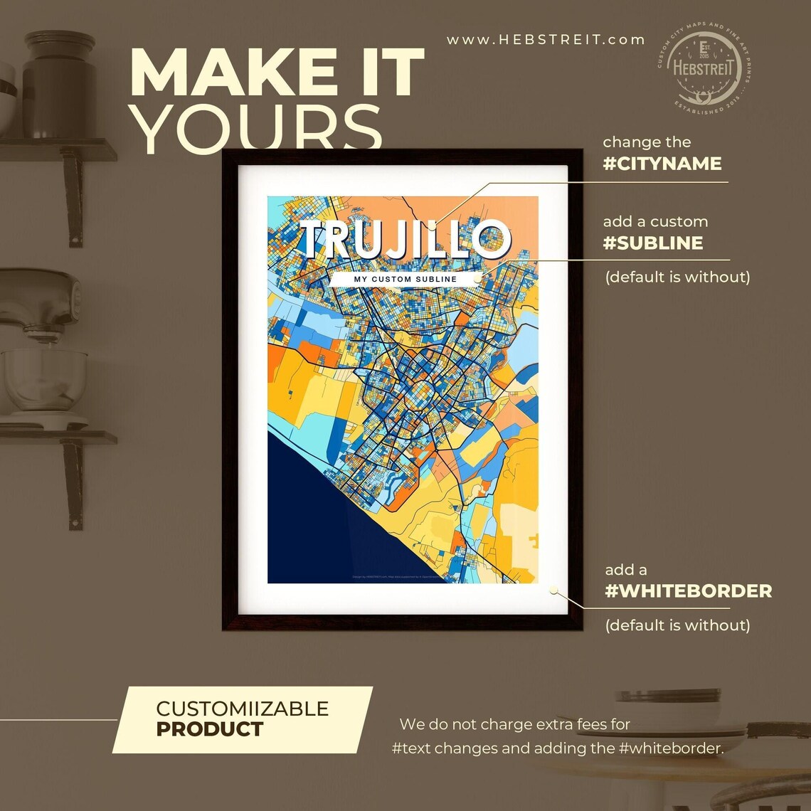 Trujillo Peru Bold Colorful Vibrant City Street Map Art Poster - Image 2