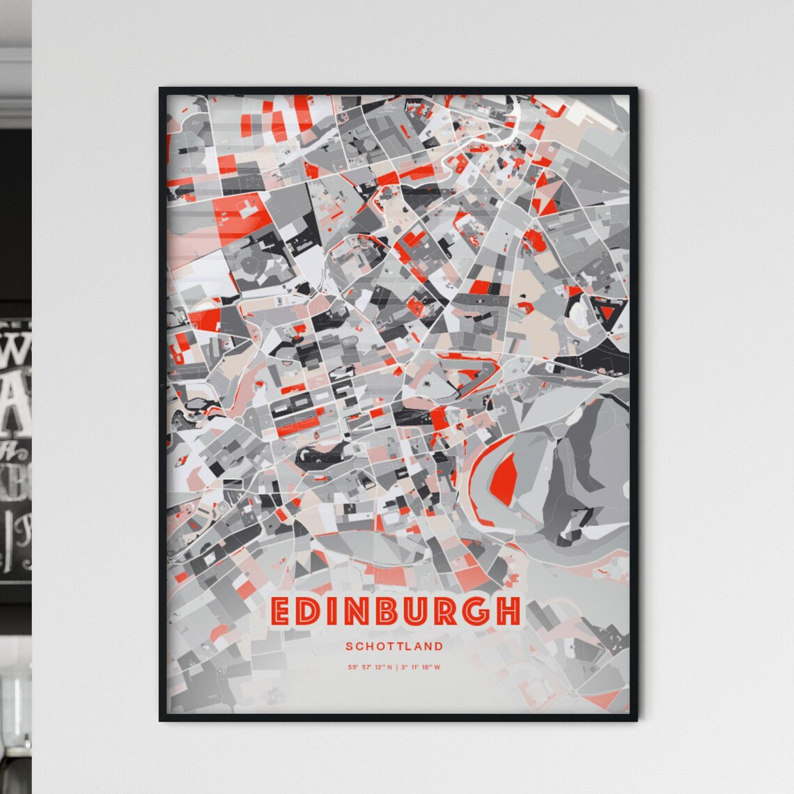 Edinburgh Scotland Modern Red Expressive City Map Poster with Coordinates