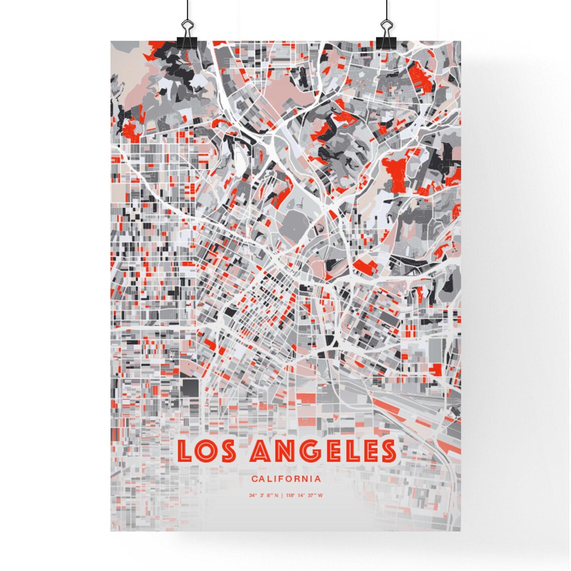 Los Angeles California Red and Grey Expressive City Map Art Poster - Image 3