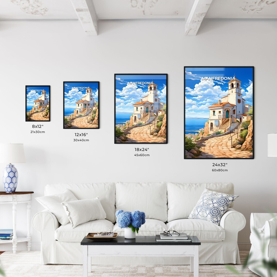 Manfredonia Italy Cliffside Church Bell Tower Over The Sea Poster - Image 3