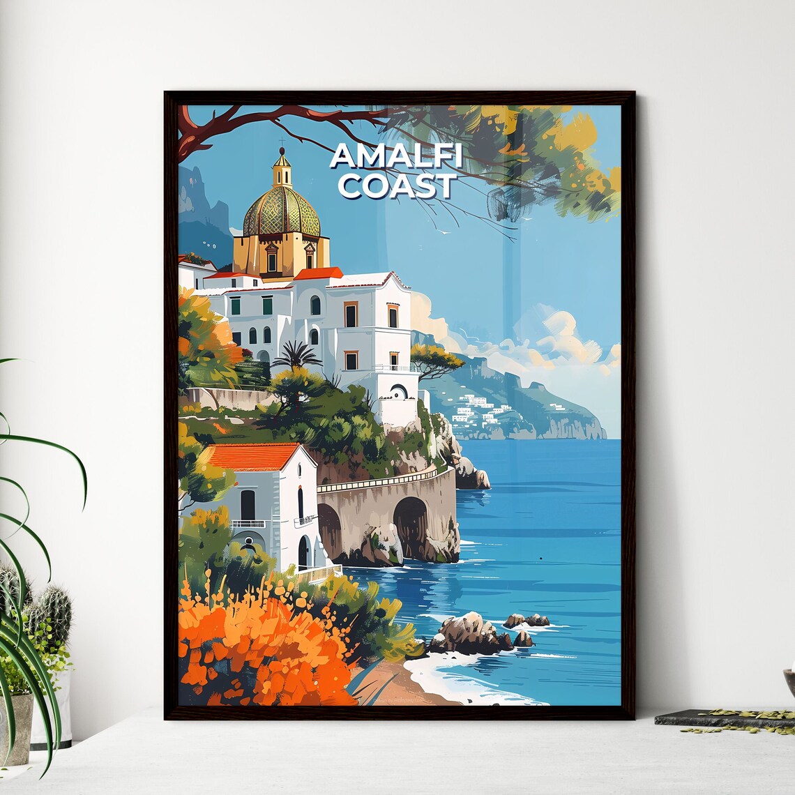 Amalfi Coast Golden Domed Church Cliffside Sea View Travel Poster