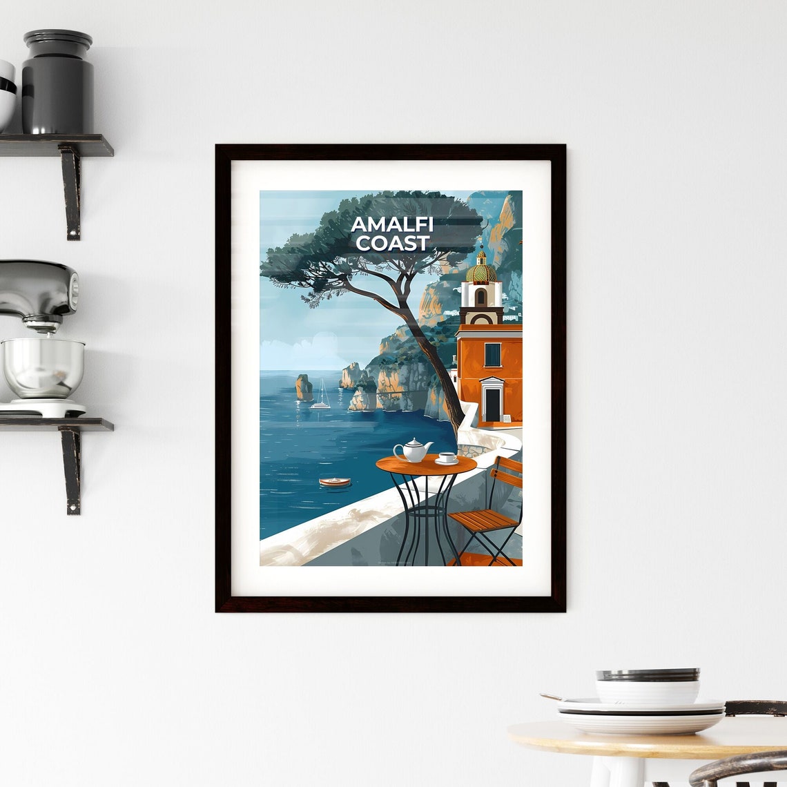 Amalfi Coast Italy Seaside Terrace Cafe Cliffs Sailboat Poster - Image 2