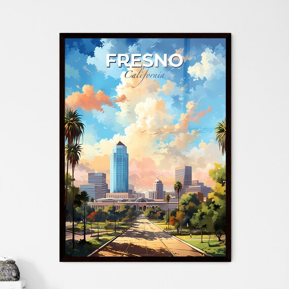 Fresno California Poster Illustrated City Skyline Palm Trees Travel Art
