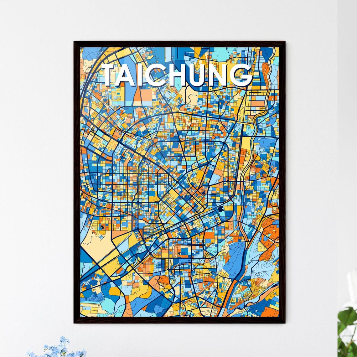 Taichung Taiwan Stylish Vibrant Blue and Orange Mosaic City Map Poster