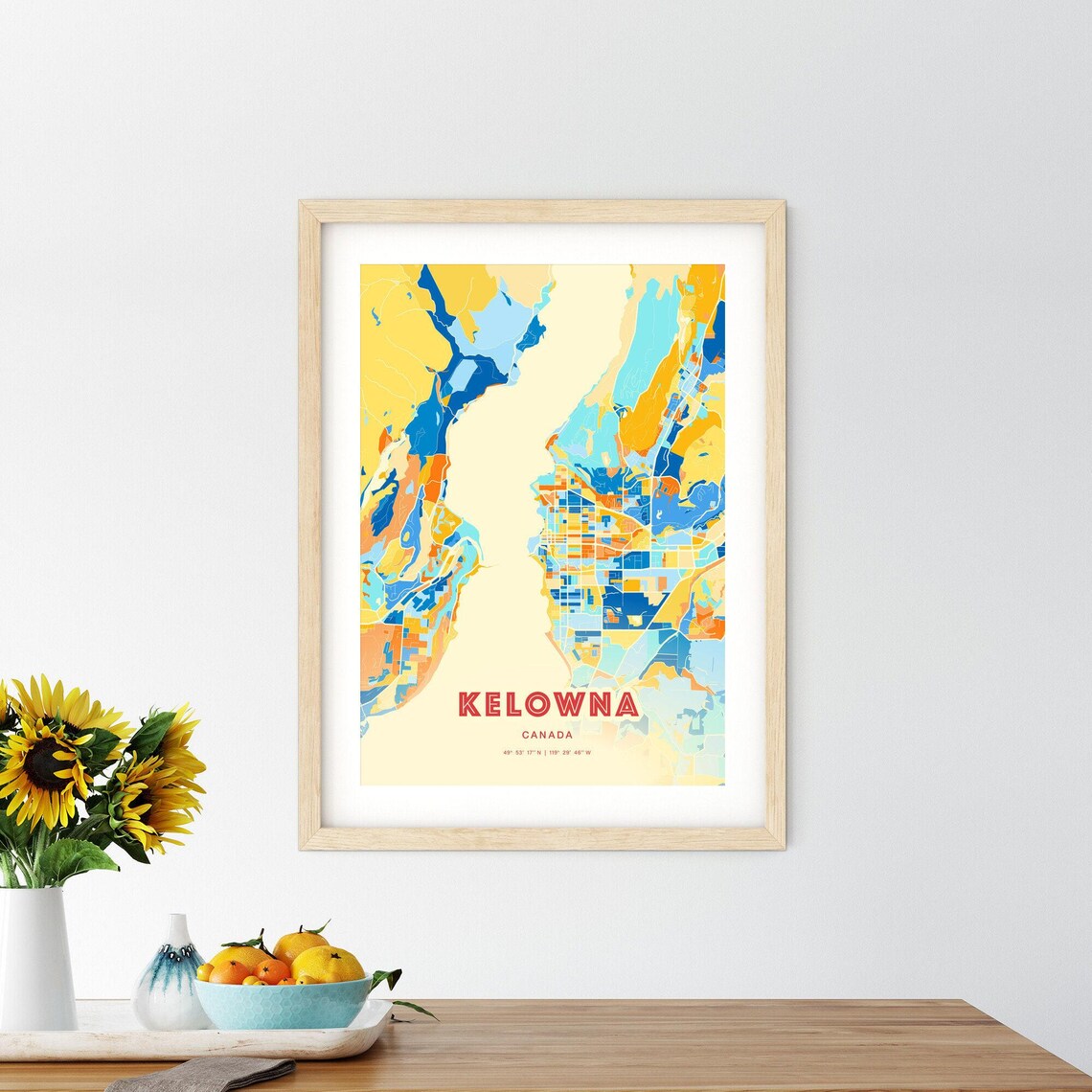 Kelowna Canada Colorful Blue Orange City Map Art Poster with Coordinates - Image 2