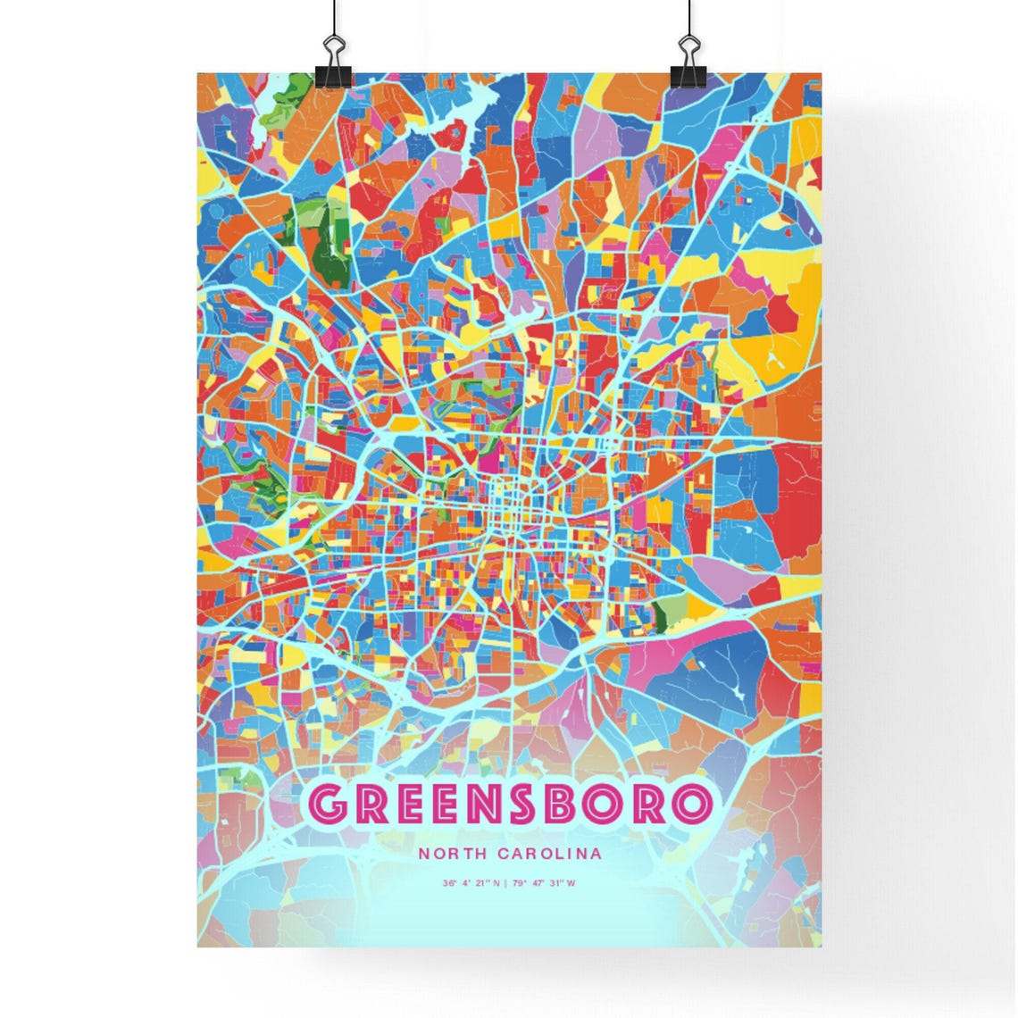 Greensboro North Carolina Customizable Colorful City Map Poster Art - Image 3