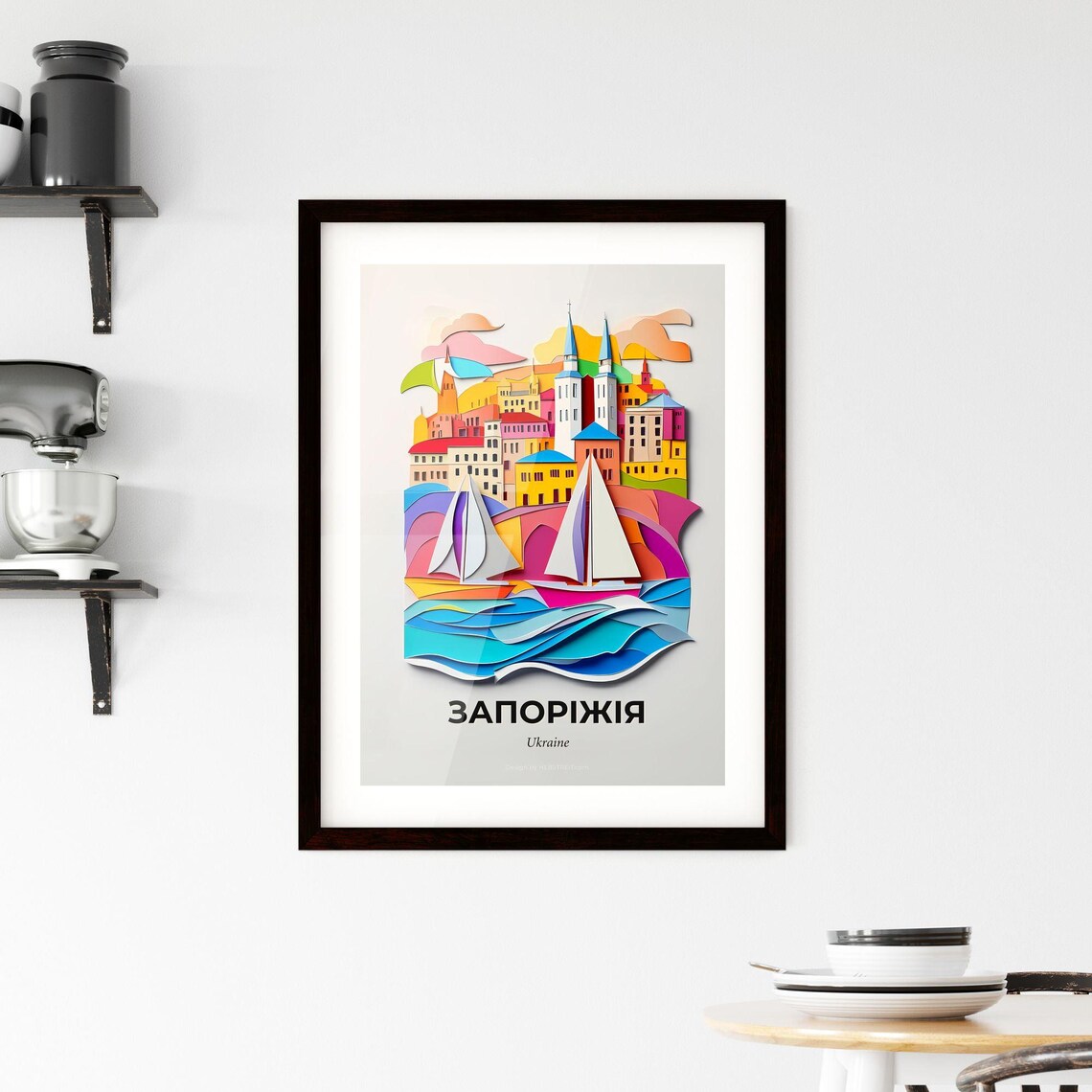 Zaporizhia Ukraine Colorful Paper Cut City Sailboats Travel Poster - Image 2