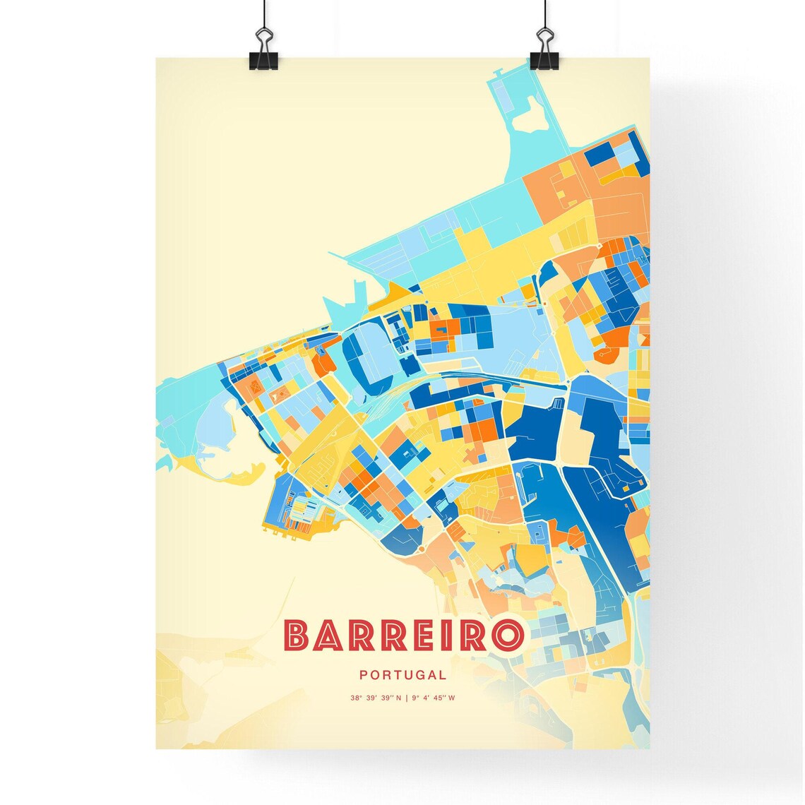 Bold Blue Orange Street Map Art Poster of Barreiro Portugal City