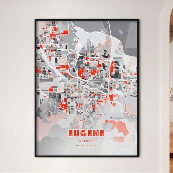 Eugene Oregon City Map Art Modern Red Gray Coordinate Decor Poster