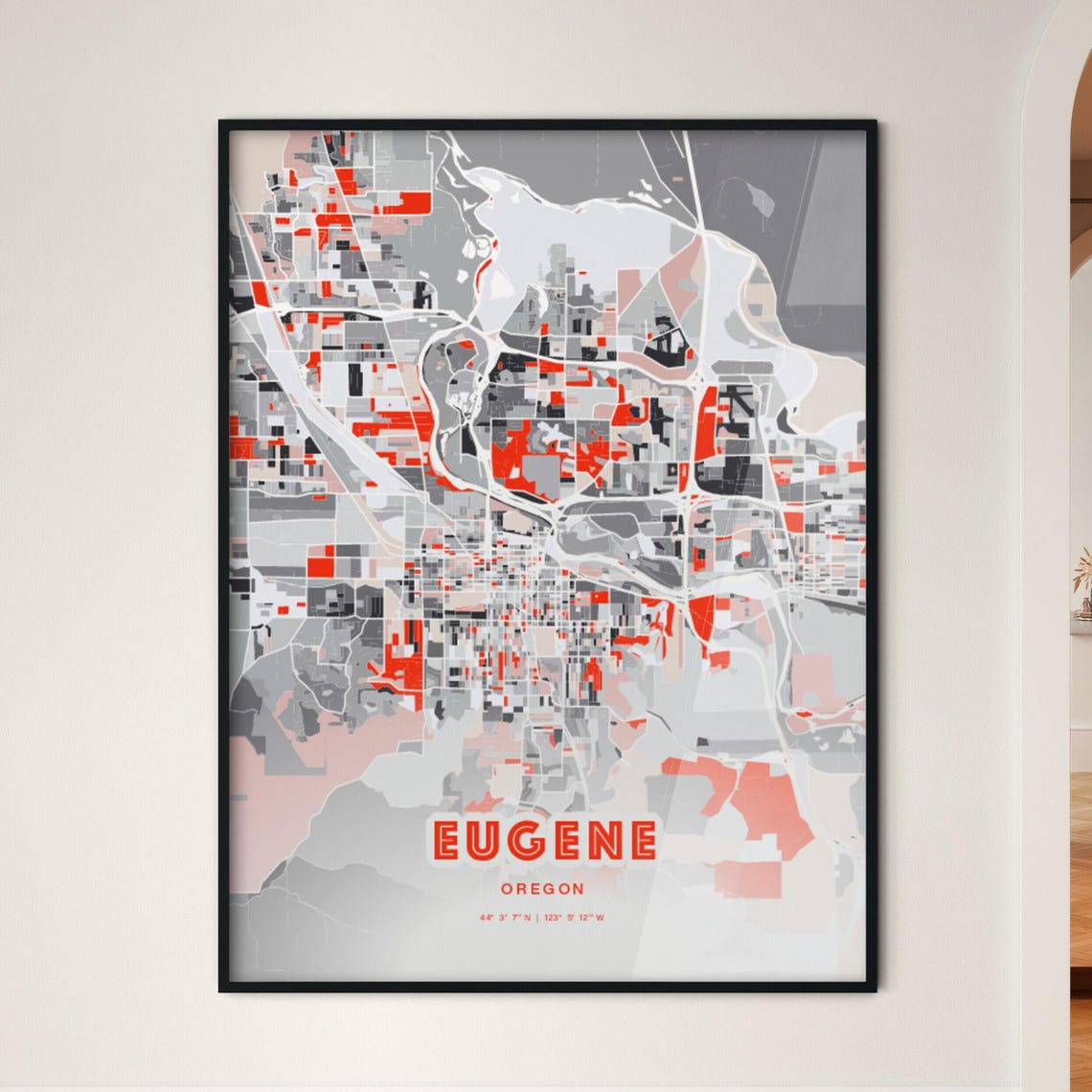 Eugene Oregon City Map Art Modern Red Gray Coordinate Decor Poster