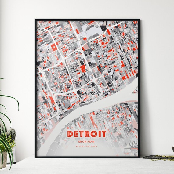 Detroit Michigan Modern Red Gray Expressive City Map Poster Customizable