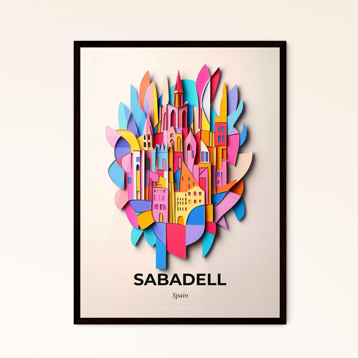 Sabadell Spain Colorful City Buildings Vivid Paper Cut Art Poster