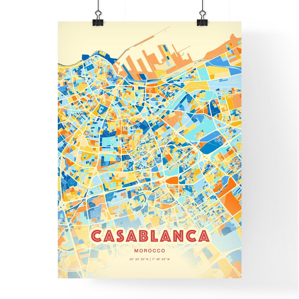 Casablanca Morocco Colorful Coastal Geometric City Map Art Poster - Image 3