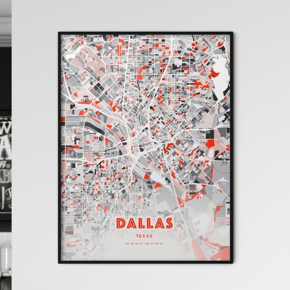 Dallas Texas Modern Red Gray Expressive City Map Poster Customizable