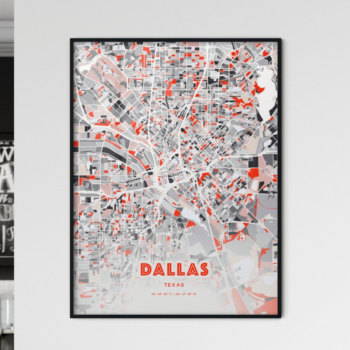 Dallas Texas Modern Red Gray Expressive City Map Poster Customizable