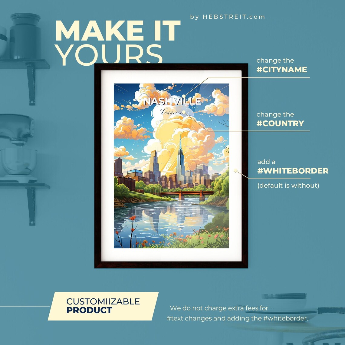 Nashville Tennessee Poster Illustrated Skyline River Bridge Travel Art - Image 2