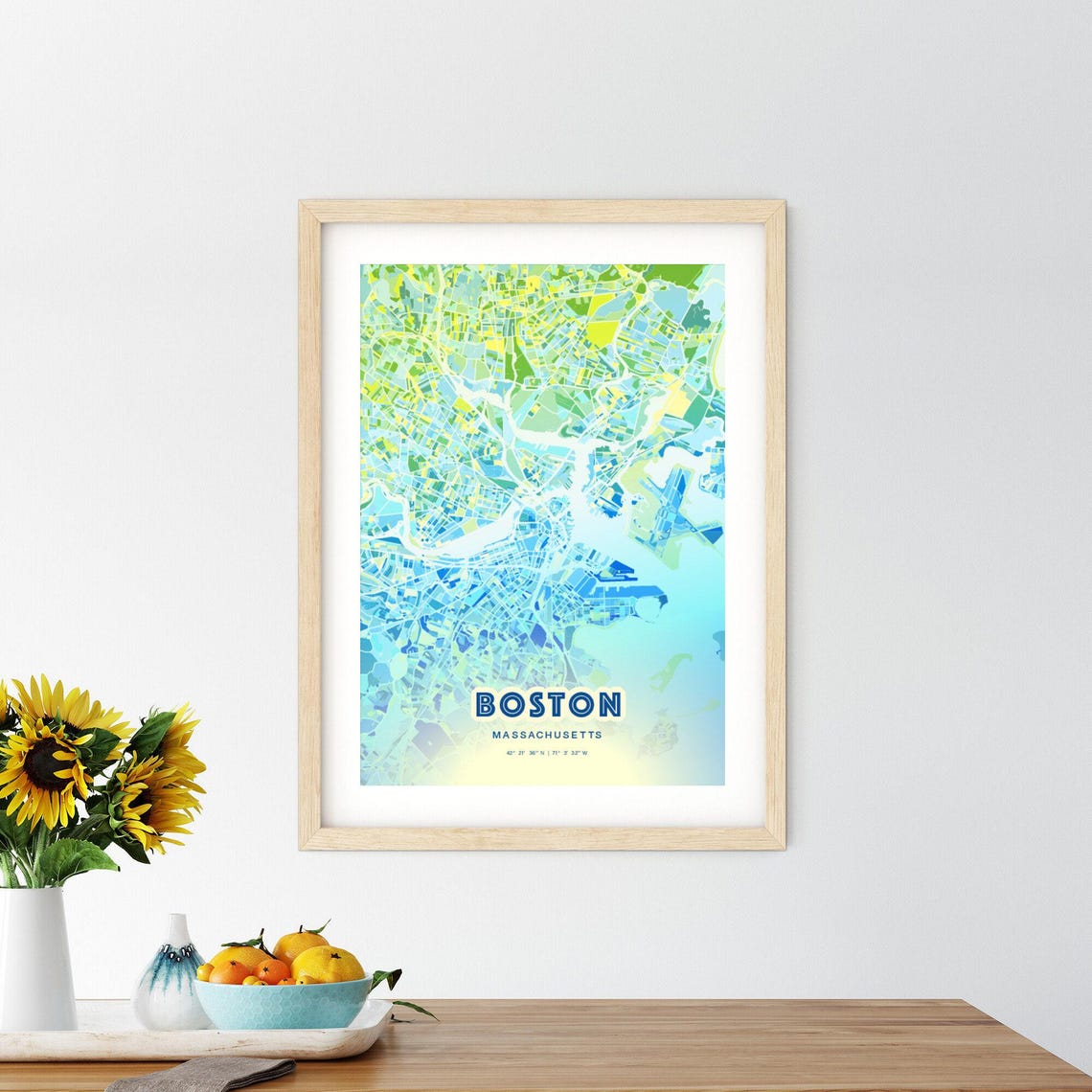Boston Massachusetts Bluish Watercolor Modern City Map Art Poster - Image 2