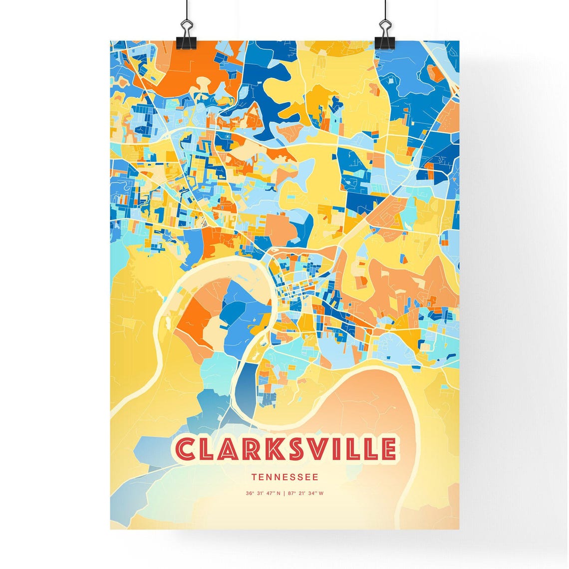 Clarksville Tennessee Colorful City Map Art Coordinates Poster - Image 3