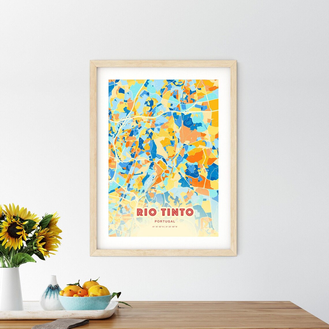 Bold Blue Orange Street Map Art Poster of Rio Tinto Portugal City - Image 2