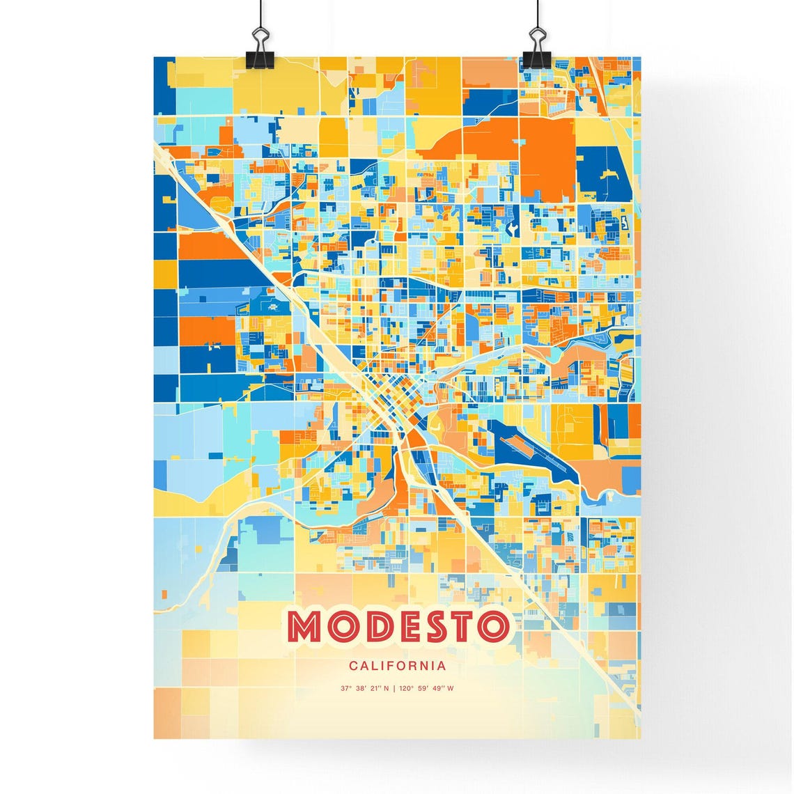 Modesto California Modern Geometric Blue Orange City Map Art Poster - Image 3