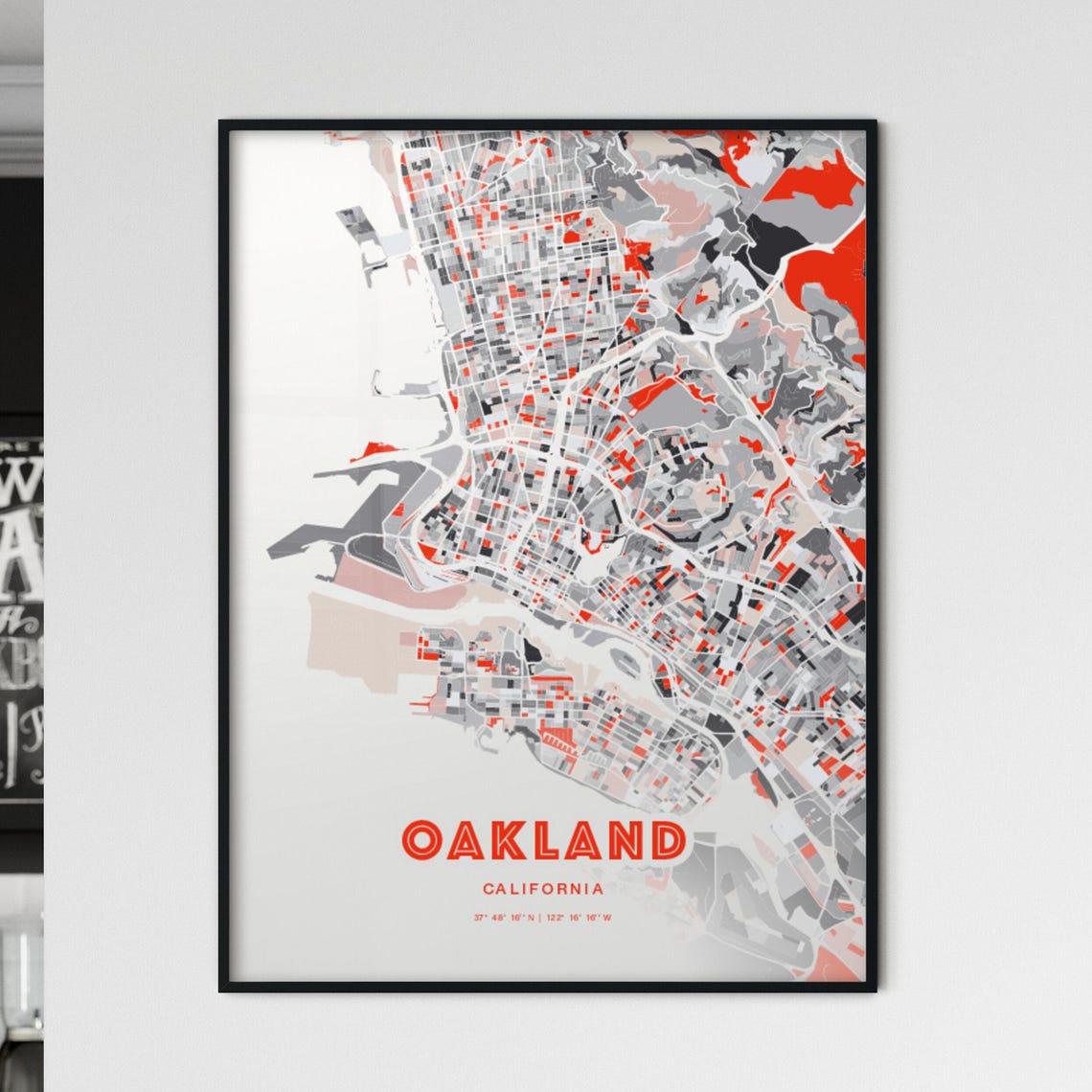 Oakland California Expressive Red and Black City Map Artwork Poster