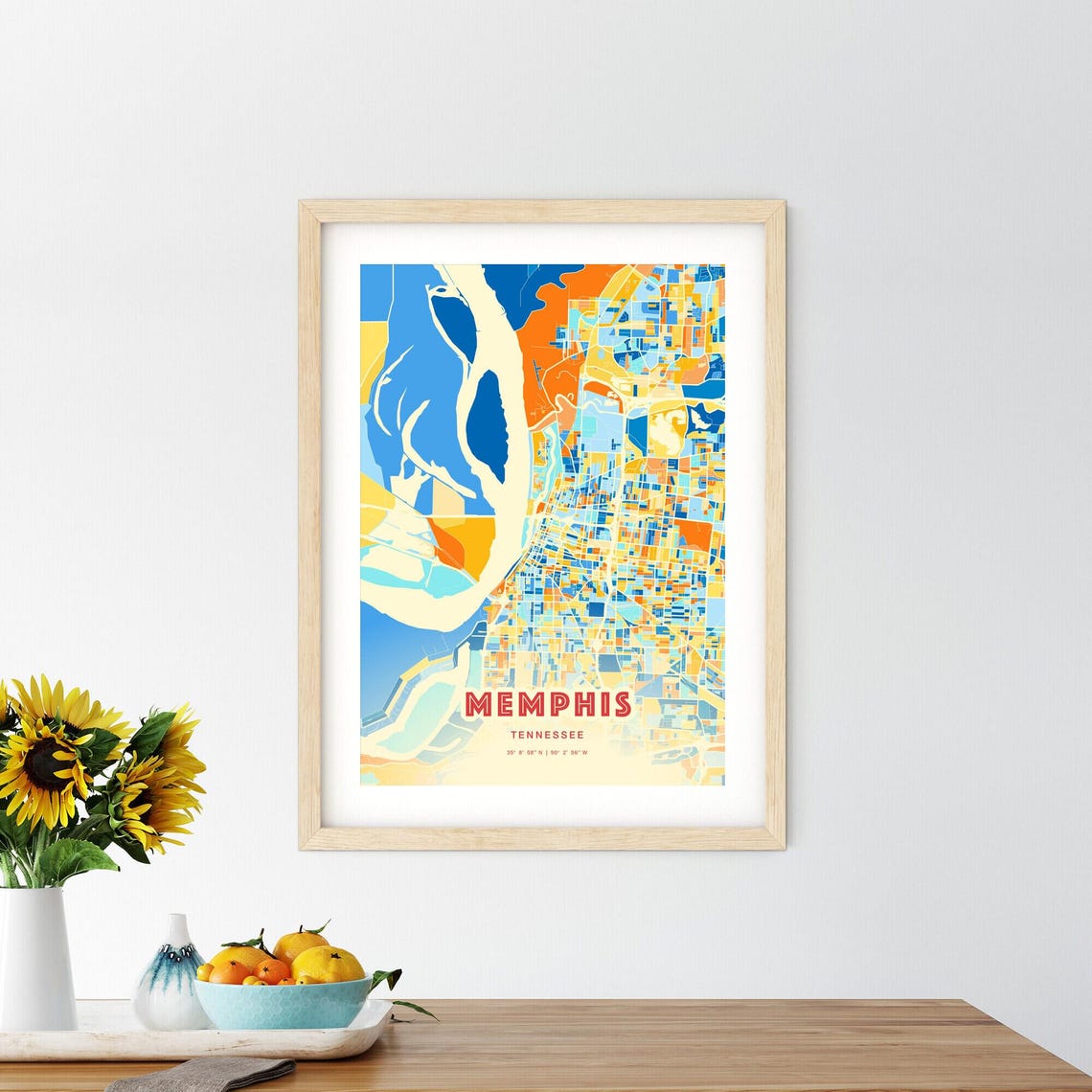 Memphis Tennessee Vibrant Blue Orange Mosaic City Map Poster - Image 2