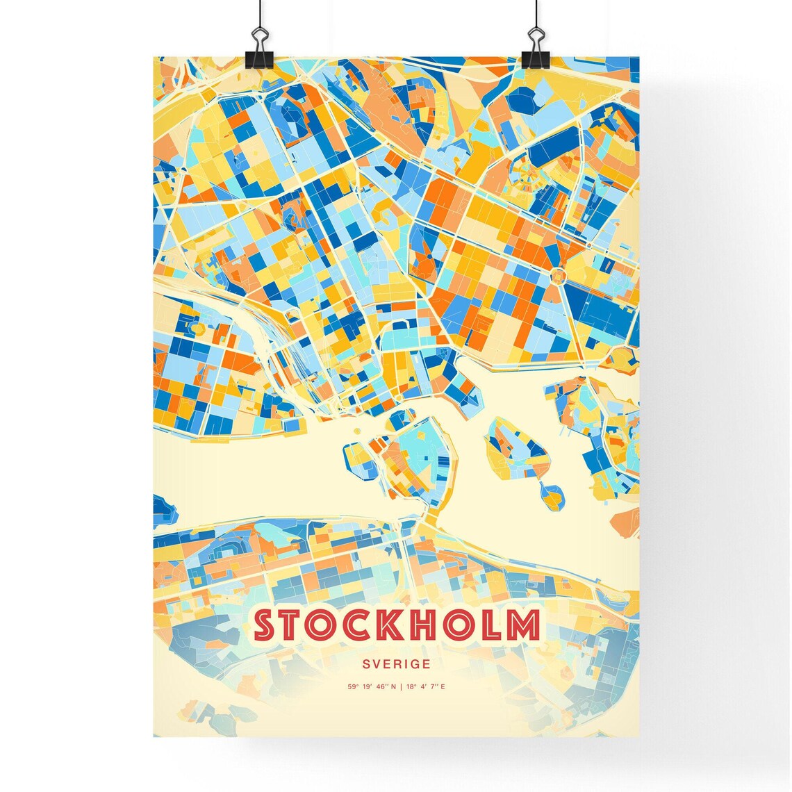 Stockholm Sweden Colorful Blue and Orange City Map Art Poster - Image 3