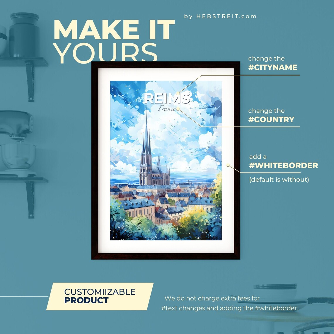 Reims France Travel Poster Gothic Cathedral City Skyline Blue Sky Art - Image 2