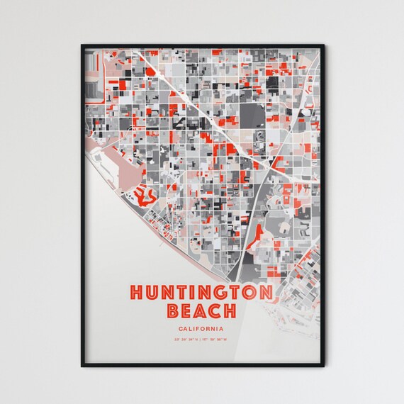 Huntington Beach California Expressive Red Abstract City Map Art Poster