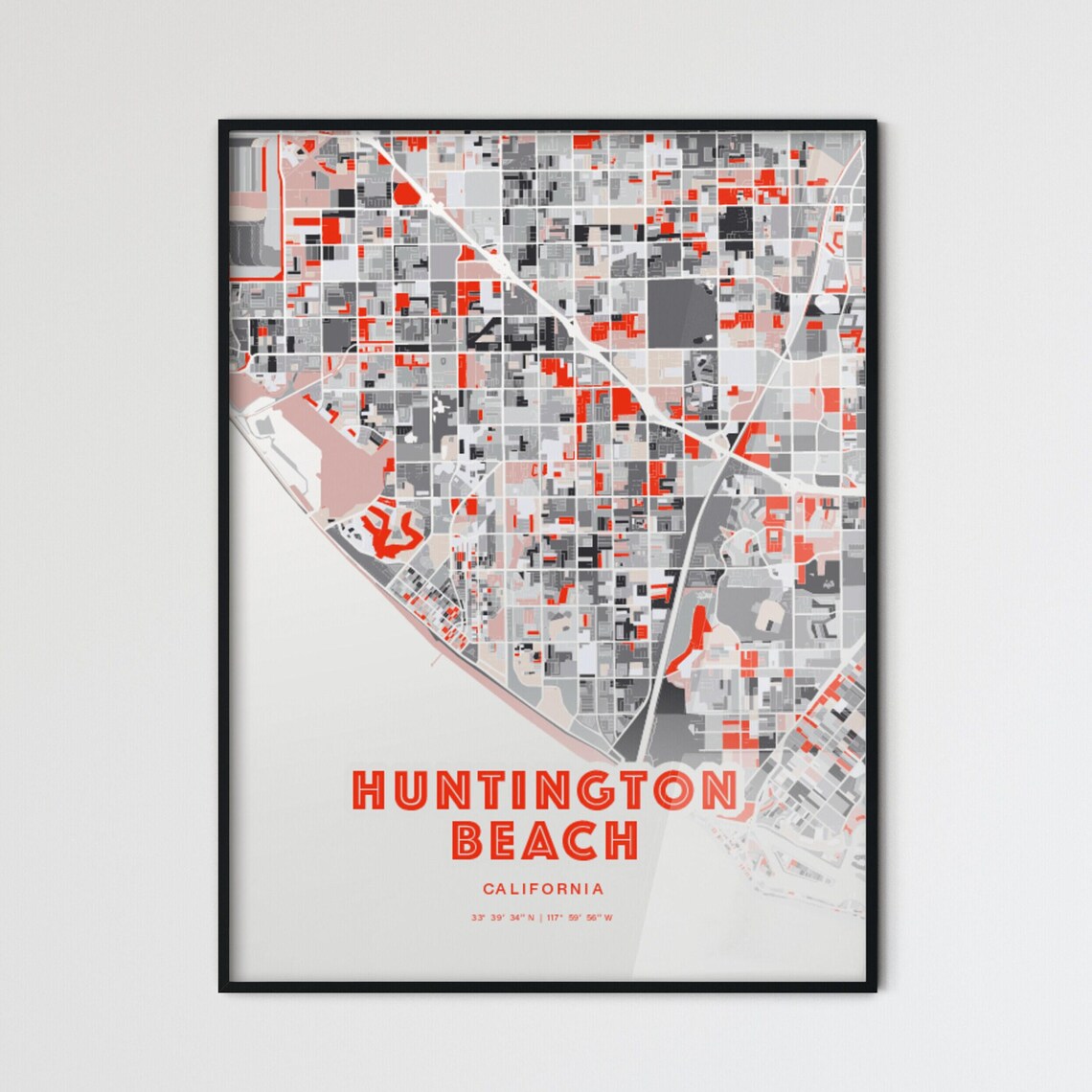 Huntington Beach California Expressive Red Abstract City Map Art Poster
