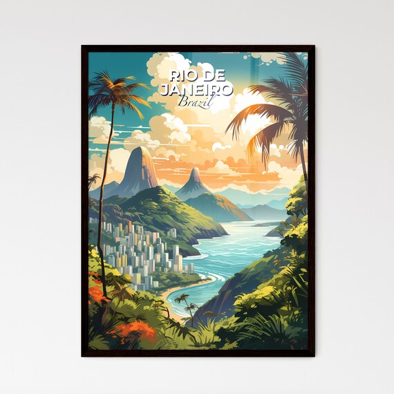 Rio de Janeiro Brazil Tropical Beach Palm Trees Mountain Sunset Poster
