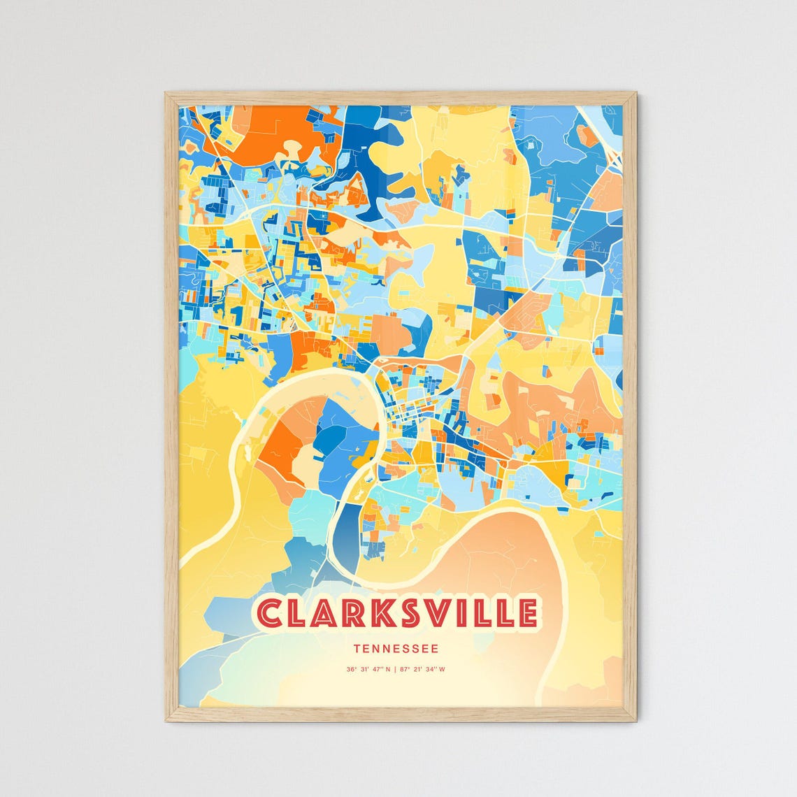 Clarksville Tennessee Colorful City Map Art Coordinates Poster