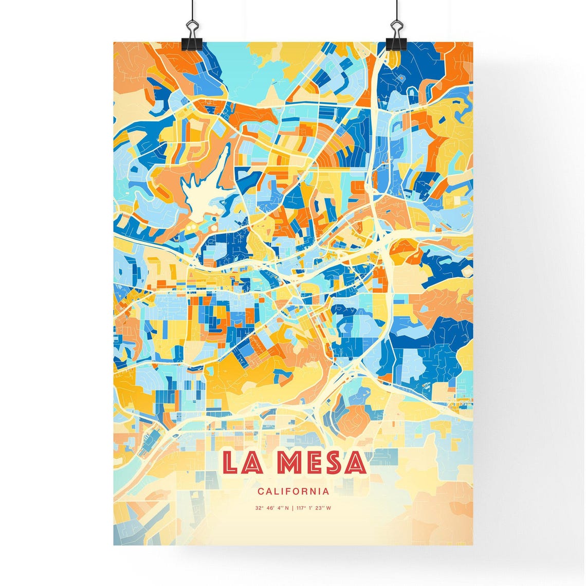 La Mesa California Modern Colorful City Street Map Art Poster