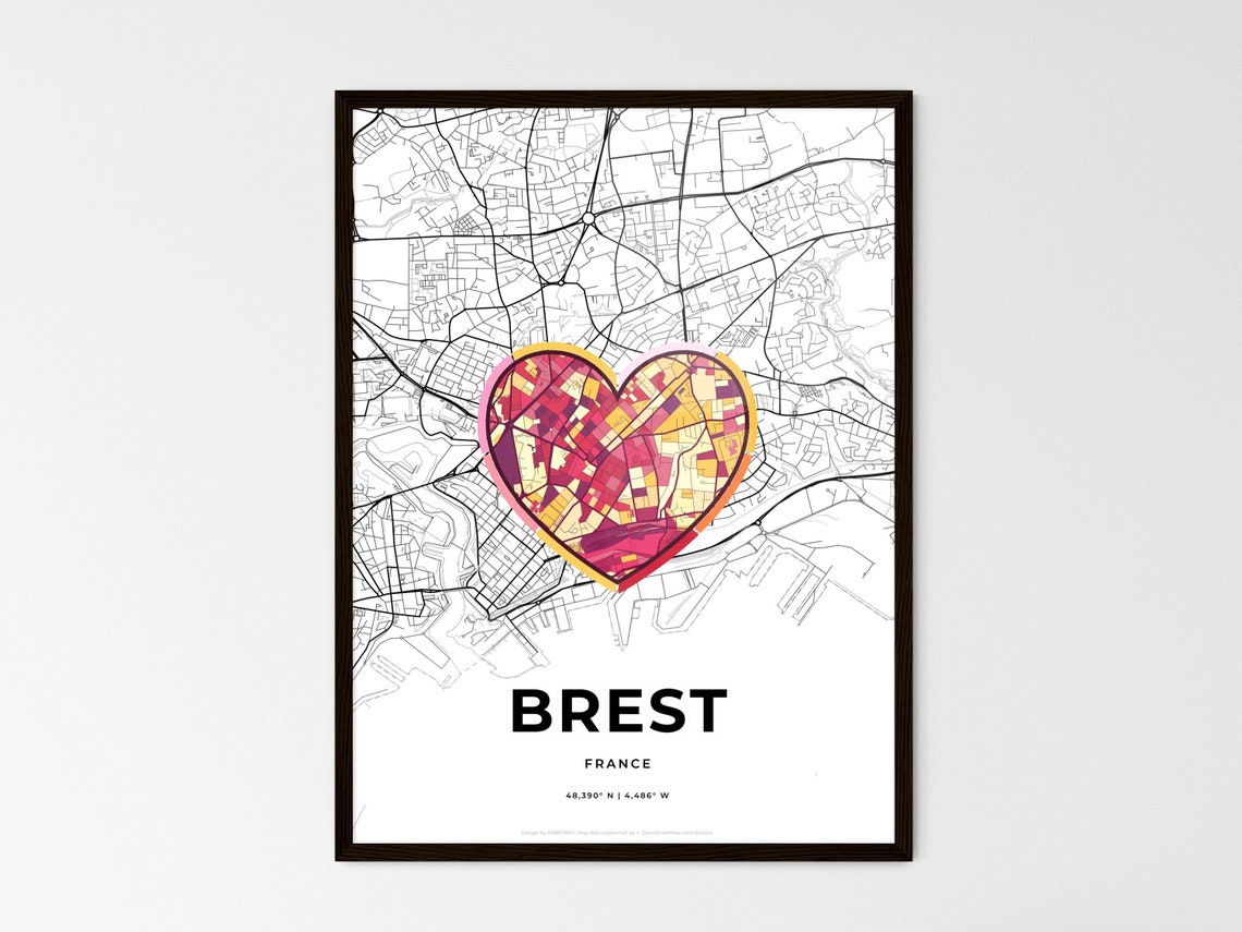 Brest France City Modern Minimalist Heart Street Map Art Poster