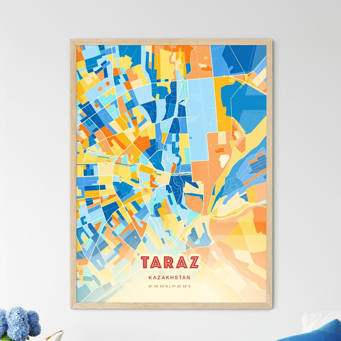 Taraz Kazakhstan Blue Orange Colorful City Map Art Poster With Coordinates