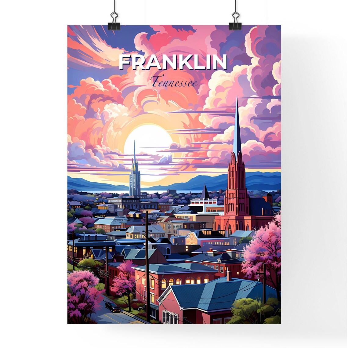 Franklin Tennessee Sunset Skyline Church Spires Blossom Poster - Image 4
