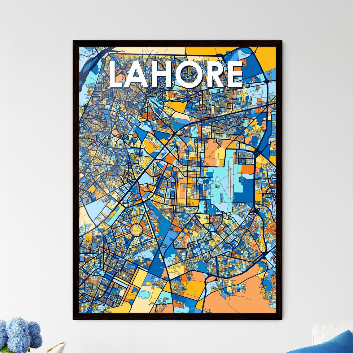 Lahore Pakistan Blue Orange City Map Poster Bold Modern Street Grid Art