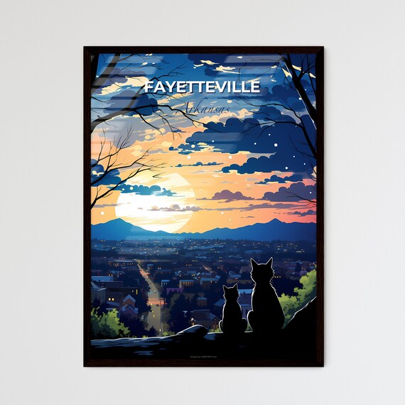 Fayetteville Arkansas Night City View With Two Cats Silhouette Poster