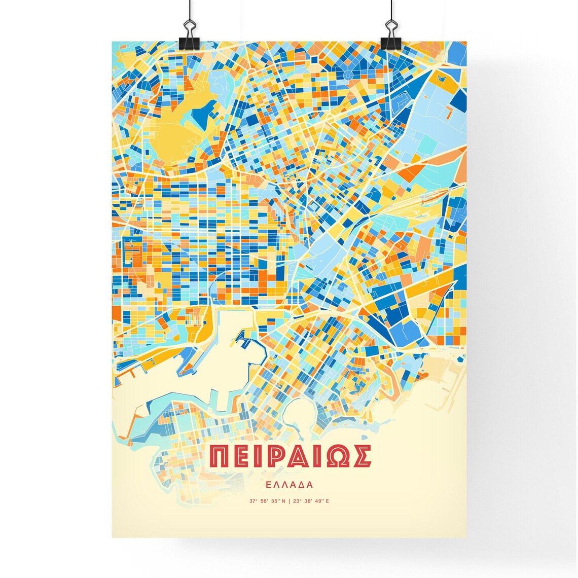Piraeus Greece Colorful Blue Orange Modern City Street Map Poster - Image 3