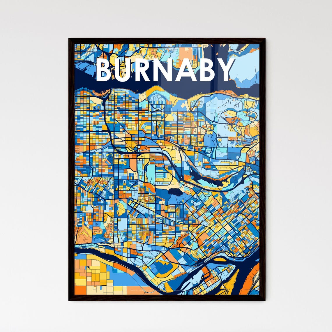 Burnaby Canada Bold City Map Art Poster in Navy Orange and Yellow