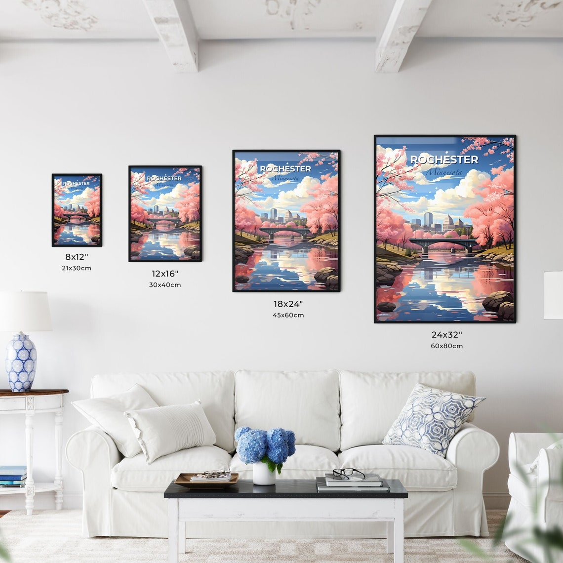 Rochester Minnesota Cherry Blossom Bridge River Skyline Art Poster - Image 3