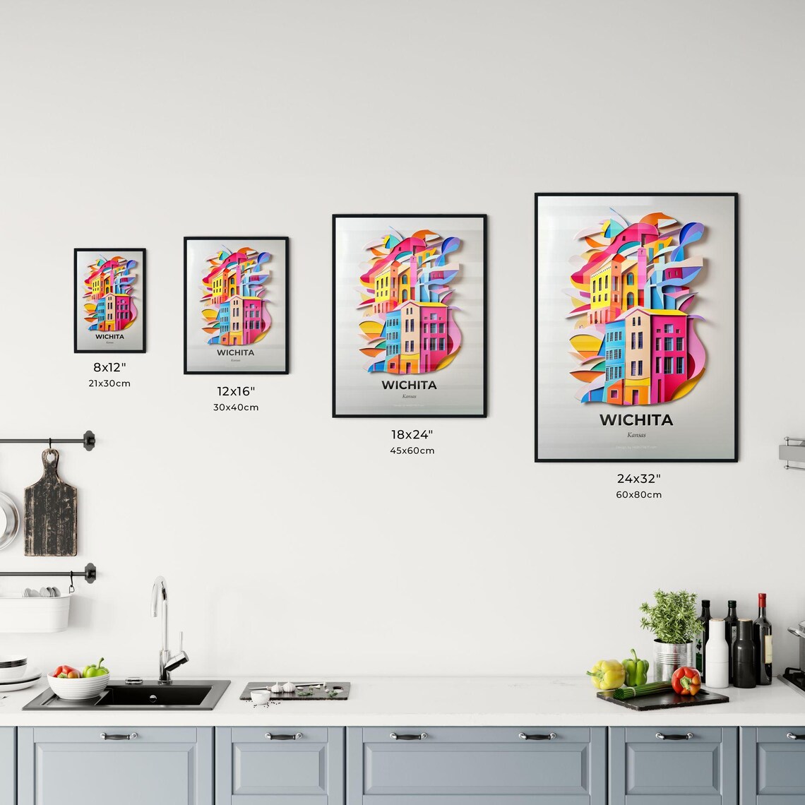 Wichita Kansas Colorful Paper Cut City Buildings Travel Poster Art - Image 3