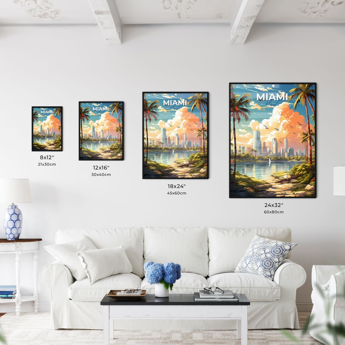 Miami Florida Vintage Travel Skyline Palm Trees Waterfront Poster - Image 3
