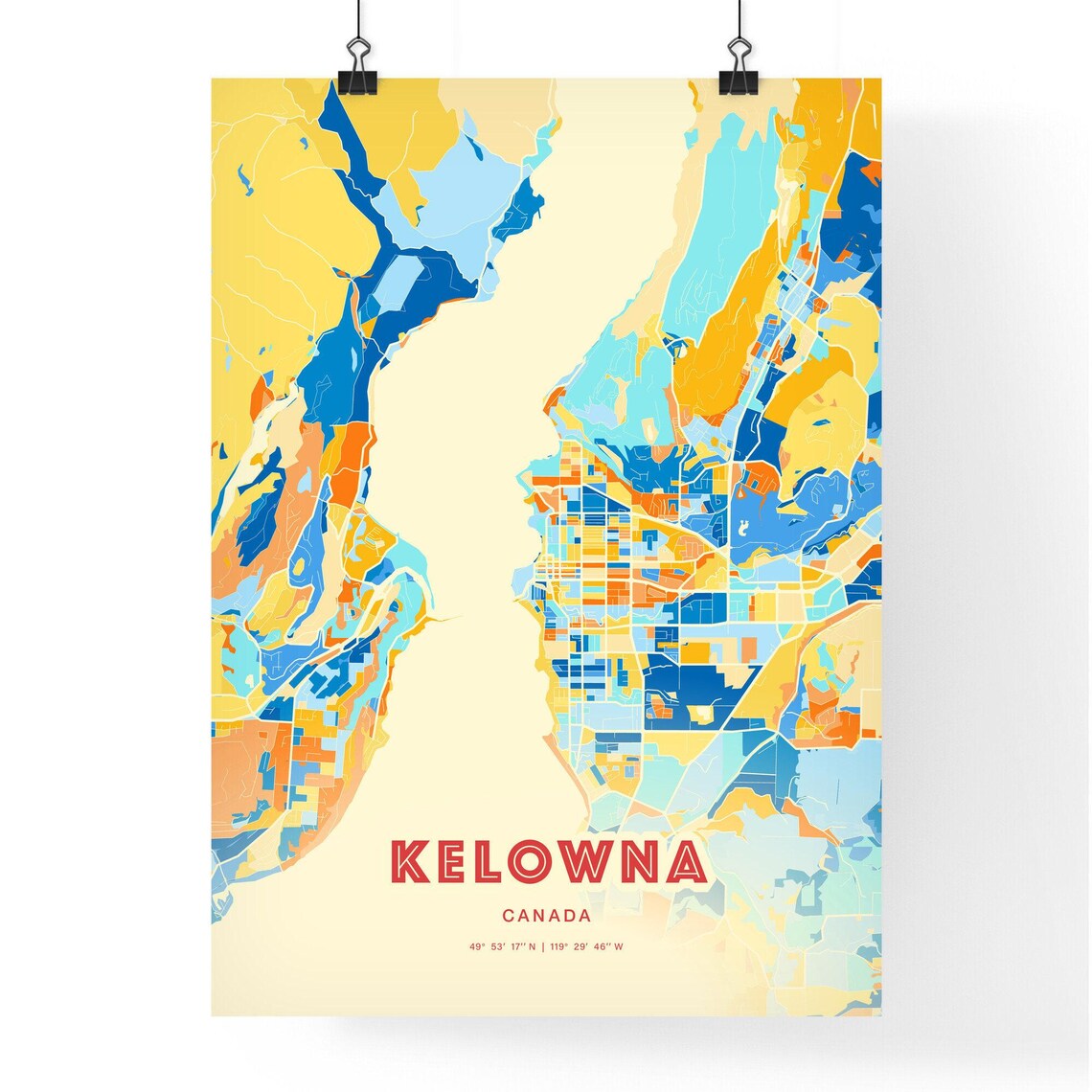 Kelowna Canada Colorful Blue Orange City Map Art Poster with Coordinates - Image 3