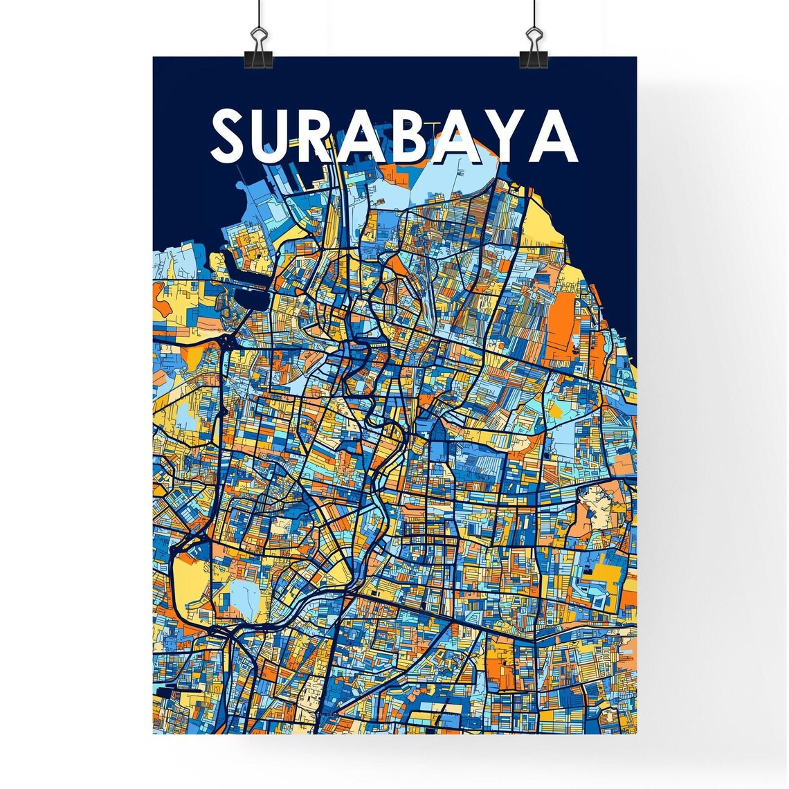 Surabaya Indonesia Stylish Vibrant Blue and Orange Mosaic City Map Poster - Image 4