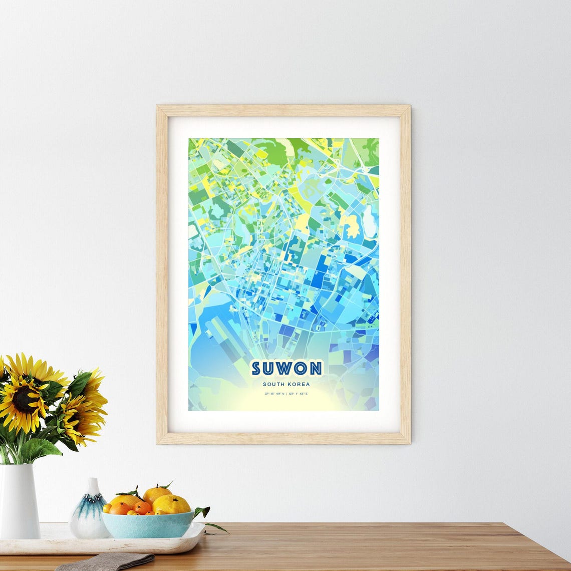 Suwon South Korea Pastel Blue City Map Art with Coordinates Poster - Image 2