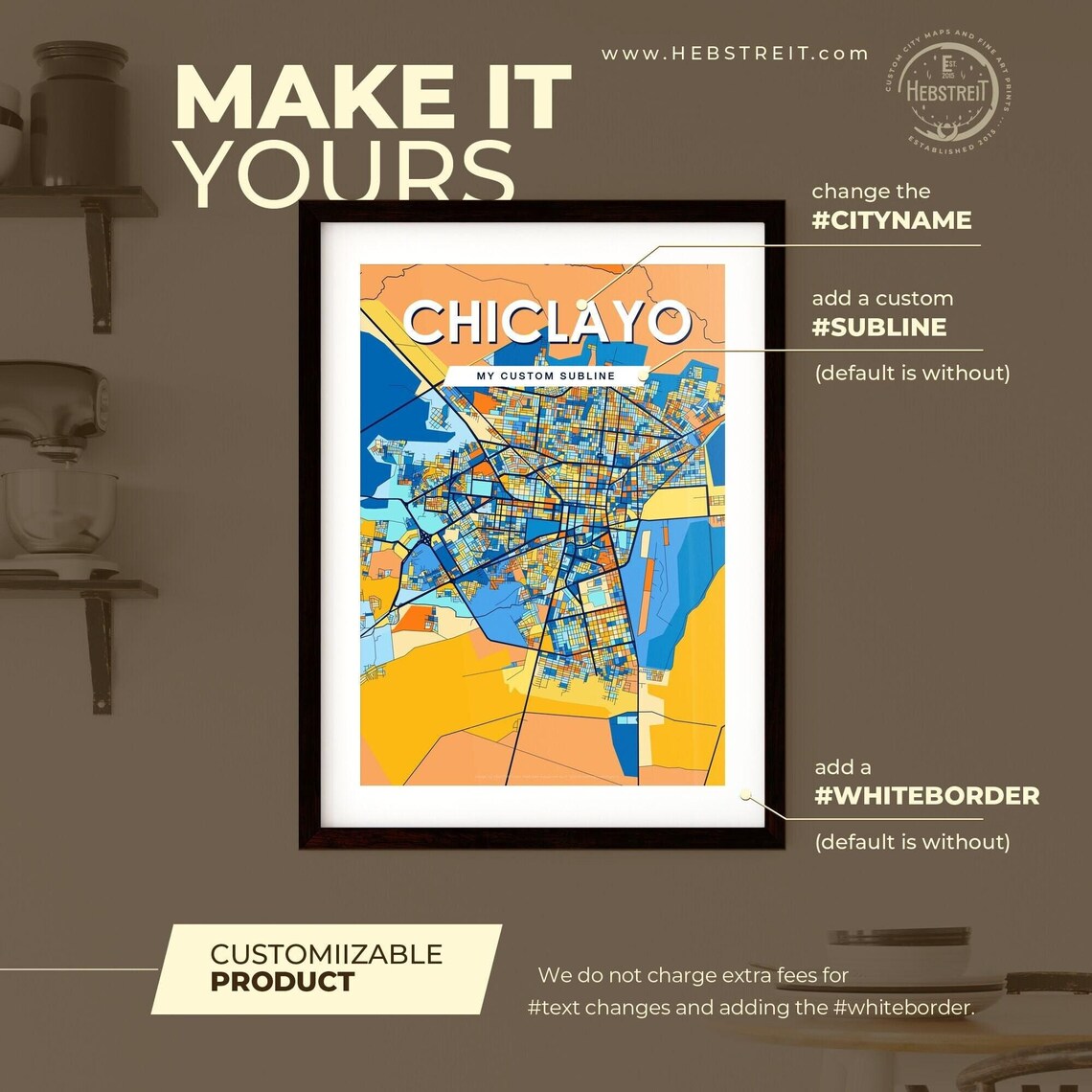 Chiclayo City Street Map Art Poster Blue Orange Modern Decor - Image 2
