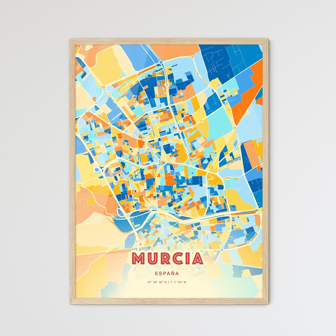 Murcia Spain Colorful Blue Orange City Map Art Poster with Coordinates