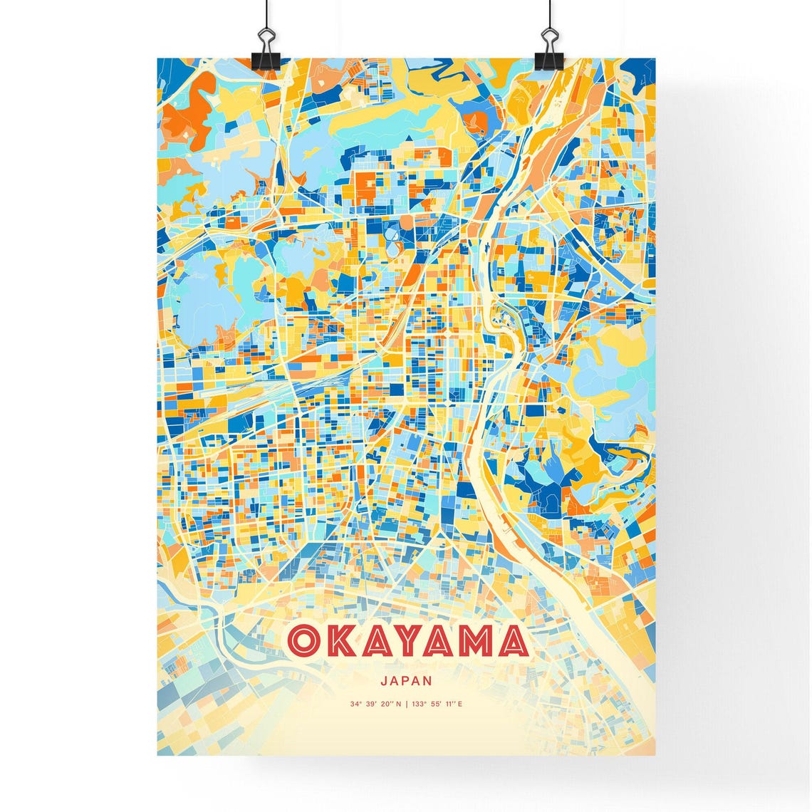 Okayama Japan City Map Abstract Blue Orange Modern Art Print - Image 3