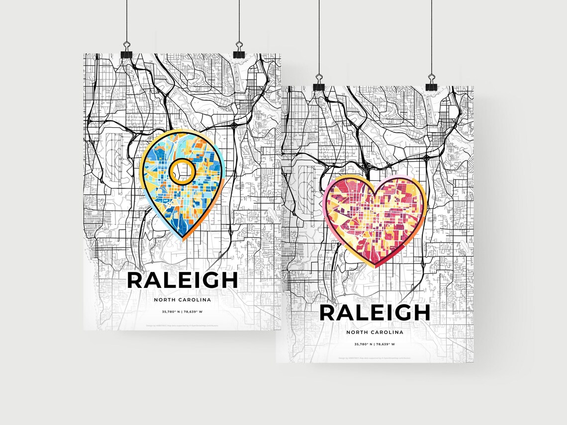 Raleigh North Carolina Minimal Map Art With Colorful Heart Icon Poster - Image 2